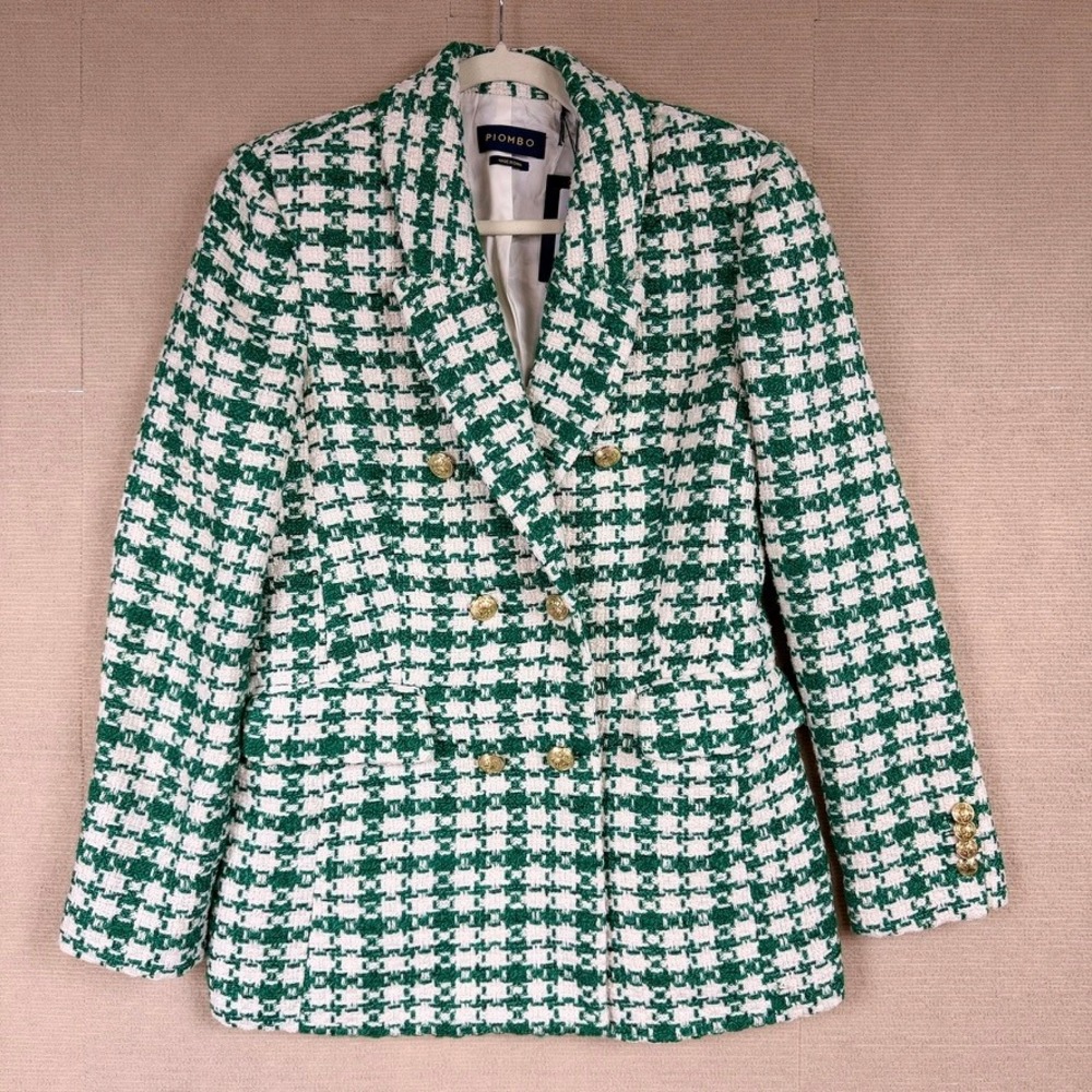 Piombo Womens Green White Houndstooth Tweed Double Breasted Blazer Gold Buttons